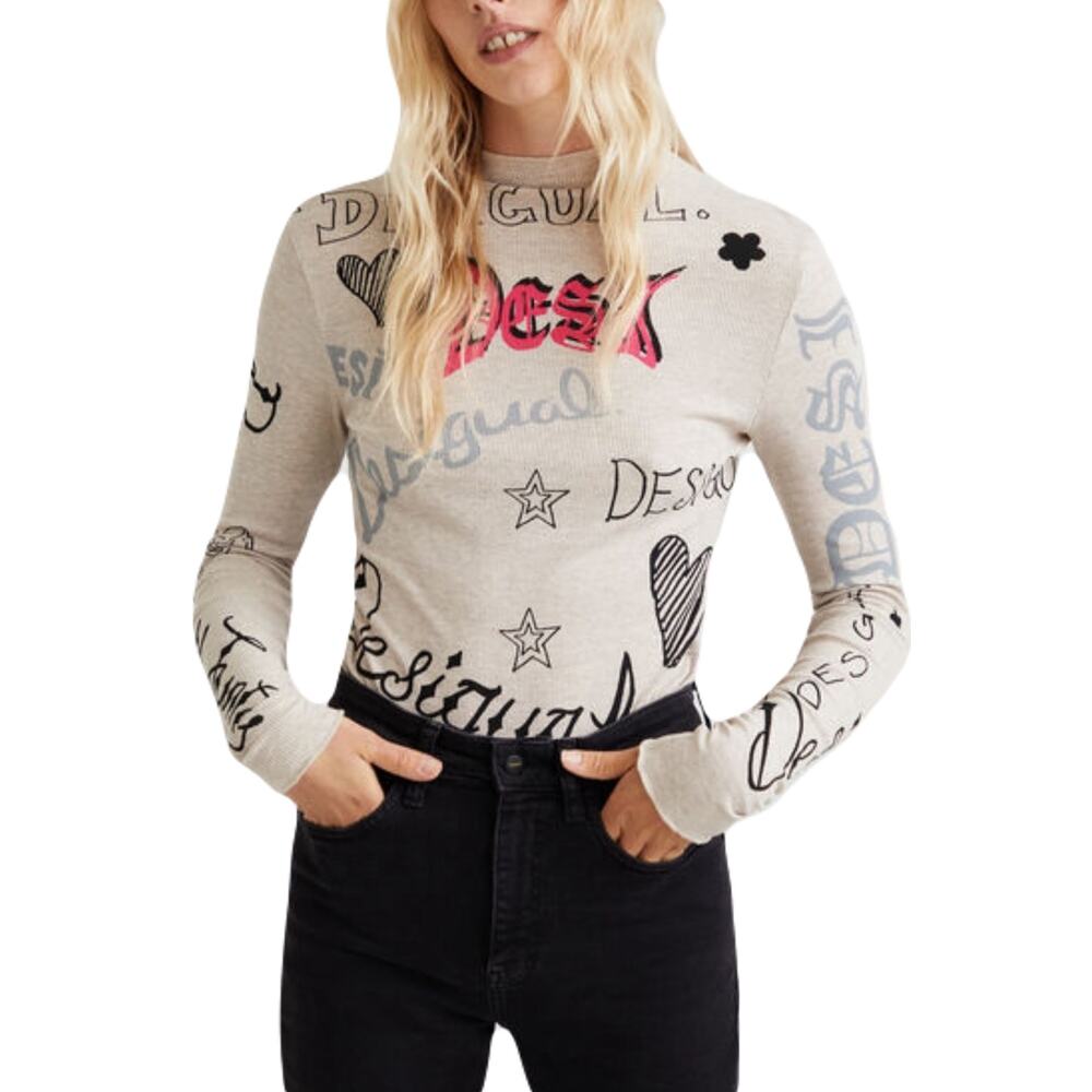DESIGUAL Top XL Beige Logo Spellout Heart Lettuce Hem Ribbed Stretch